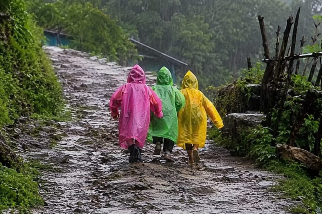 रोल्पामा वर्षाको बीच रेनकोट ओढेर विद्यालय जाँदै गरेका तीन बालिका
