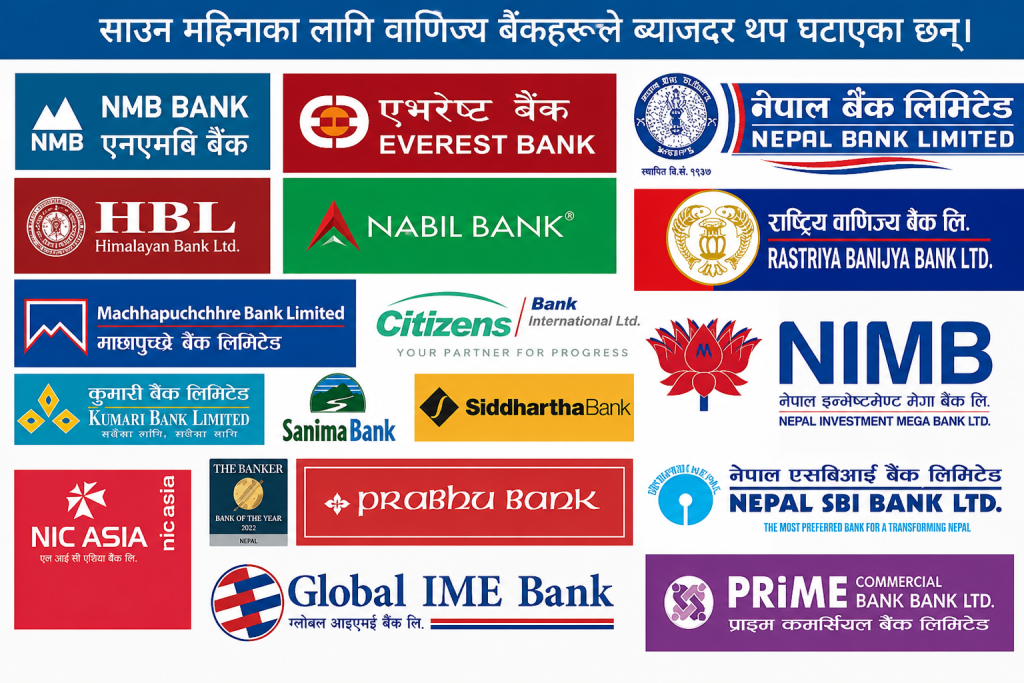 साउन महिनाका लागि वाणिज्य बैंकहरूले ब्याजदर थप घटाए