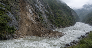 चीनको न्यालम क्षेत्रमा पहिरोपछि बगिरहेको भोटेकोशी नदी