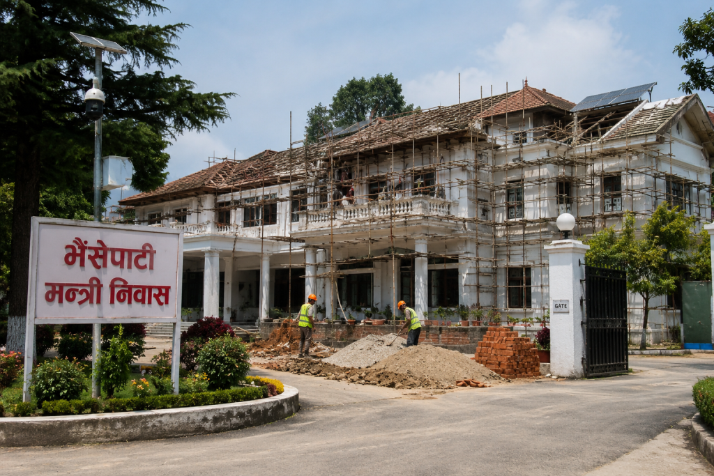ललितपुर भैंसेपाटीस्थित मन्त्री निवास तथा पुनर्निर्माणको प्रतीकात्मक दृश्य
