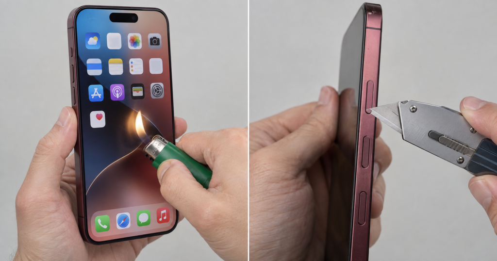 iPhone 18 Pro को स्क्रिनमा आगो र aluminium किनारामा blade परीक्षण गरिएको दृश्य