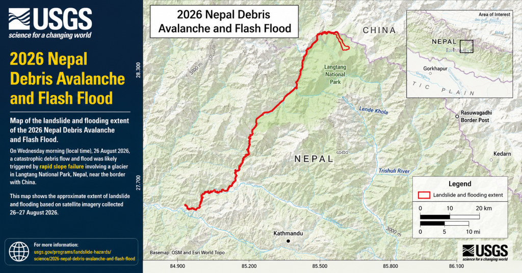 भोटेकोशी तथा त्रिशूली क्षेत्रमा अगस्ट २६ को मलबा प्रवाह र बाढीको USGS वैज्ञानिक विश्लेषण