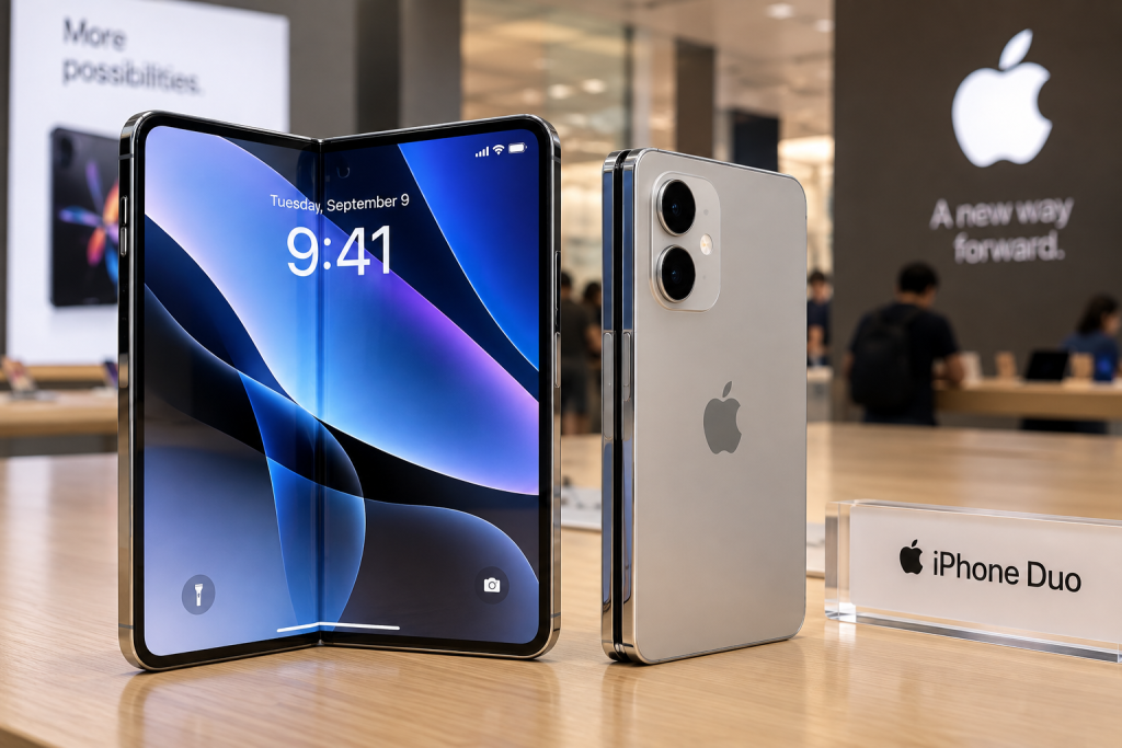 फोल्ड हुने ठूलो डिस्प्ले र डुअल क्यामेरासहित देखाइएको iPhone Duo को अवधारणात्मक तस्बिर