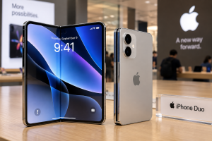 फोल्ड हुने ठूलो डिस्प्ले र डुअल क्यामेरासहित देखाइएको iPhone Duo को अवधारणात्मक तस्बिर