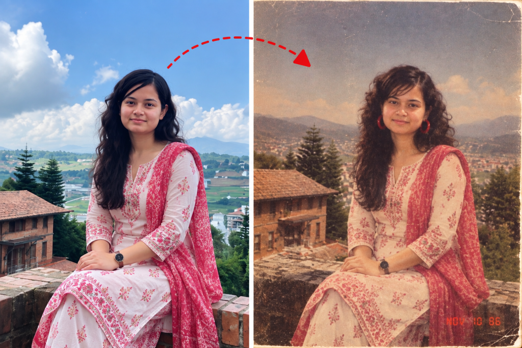 ChatGPT 80s Flashback ट्रेन्डमा नेपाली कुर्ता लगाएकी युवतीको आधुनिक र १९८० दशक शैलीको तुलना तस्वीर