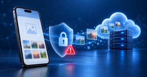 ChatGPT मा अपलोड भएका तस्बिरको गोपनीयता जोखिम देखाउने मोबाइल, सुरक्षा ढाल र cloud server को editorial illustration