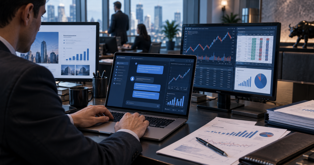 बैंकिङ र लगानी विश्लेषणका लागि प्रयोग भइरहेको AI financial dashboard र ChatGPT platform को सांकेतिक दृश्य
