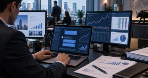 बैंकिङ र लगानी विश्लेषणका लागि प्रयोग भइरहेको AI financial dashboard र ChatGPT platform को सांकेतिक दृश्य