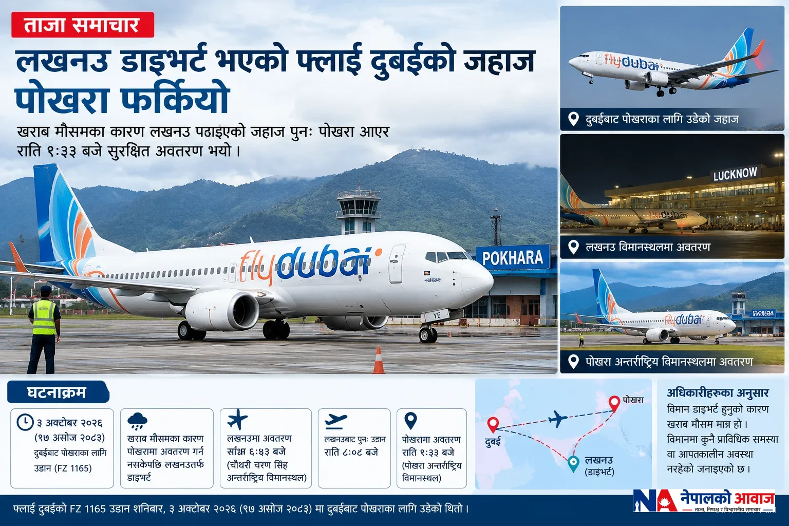 लखनउ डाइभर्ट भएको फ्लाई दुबईको जहाज पोखरा फर्कियो