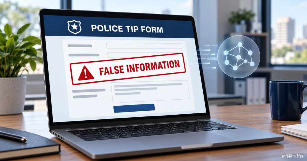 ल्यापटपमा प्रहरीको अनलाइन सूचना फाराममाथि गलत सूचनाको रातो चेतावनी र छेउमा एआईको प्रतीक देखाइएको सांकेतिक चित्र।