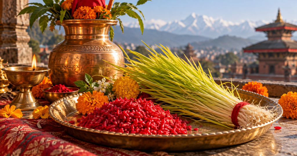 दशैँको रातो टीका, जमरा, कलश र बलिरहेको दियोको सांकेतिक चित्र।