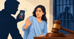 मोबाइल समातेको व्यक्तिलाई हात उठाएर अस्वीकार गरिरहेकी युवती, अदालतको हथौडा र जेलका सलाखा देखाइएको सांकेतिक चित्र।
