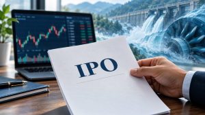 हातमा ‘IPO’ लेखिएको कागज तथा पृष्ठभूमिमा सेयर बजार, बाँध र टर्बाइन देखाइएको सांकेतिक चित्र।