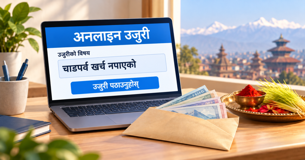 चाडपर्व खर्च नपाएको अनलाइन उजुरी देखाइएको ल्यापटप, पैसाको खाम र दसैँको टीका–जमरासहितको प्रतीकात्मक चित्र।