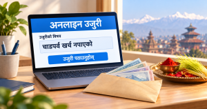 चाडपर्व खर्च नपाएको अनलाइन उजुरी देखाइएको ल्यापटप, पैसाको खाम र दसैँको टीका–जमरासहितको प्रतीकात्मक चित्र।